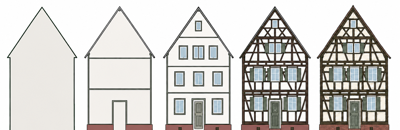 Visualisierung der Detailstufen LOD 100 bis LOD 500 am Fachwerkbeispiel